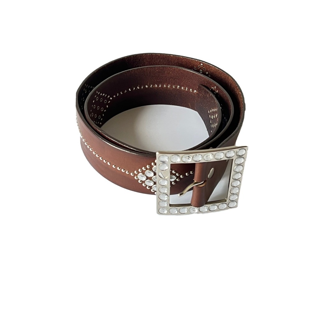 BEBE womens leather belt large buckle‎ square brown studded Size M/L BP